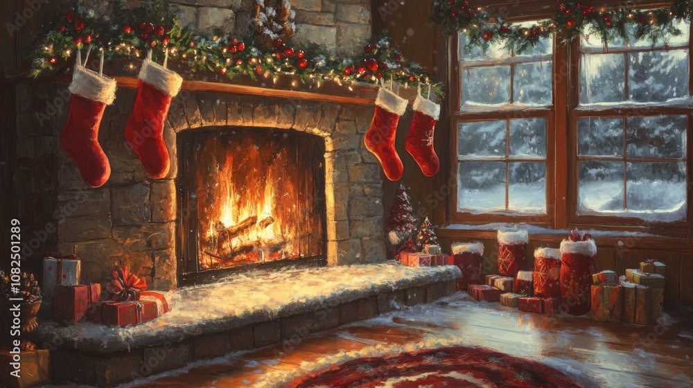 A quiet Christmas Eve moment with a fireplace adorned in stockings, garlands, and Santa hats, waiting for Santa's arrival --ar 16:9 --v 6.1 Job ID: a566d588-7147-4423-bfb5-1d6129b3e9e9