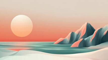 Poster - Sunset over serene ocean with pastel mountains and soft waves, AI