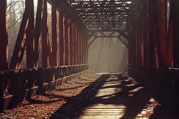 Wall Mural - A sunlit bridge surrounded by autumn leaves, casting long shadows on the wooden pathway.