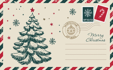 Postcard, Christmas mail with tree, letter, hand drawn illustration.	