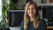 © Marta  Maksymiv - Portrait of happy and successful female programmer inside office at workplace, worker smiling and looking at camera with laptop blonde businesswoman is satisfied with results of achievements at work