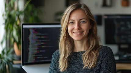 Portrait of happy and successful female programmer inside office at workplace, worker smiling and looking at camera with laptop blonde businesswoman is satisfied with results of achievements at work