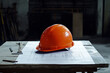 © mat - Safety helmet placed on a blueprint at a construction site, surrounded by tools, with copy space. Bright, natural lighting. Building framework background.