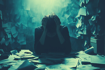 Wall Mural - Burnout person sitting with hands on their head, tears streaming, surrounded by scattered papers and a cluttered desk, with copy space. Dim, moody lighting.