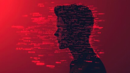 Silhouette of a person formed by red digital code particles symbolizing data security and identity in technology