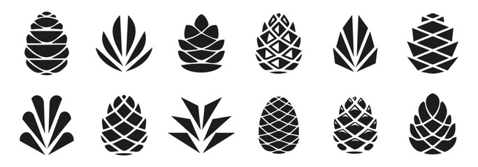 Pine cone icons on a white background. Set of simple black pine cone. Pine cone logotype