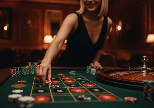 Woman playing roulette in casino with poker chips and roulette wheel