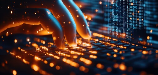Fototapete - Blockchain Healthcare Trial concept. A close-up of a hand typing on a keyboard, with glowing orange particles and binary code in the background, representing digital technology and cyber interactions.
