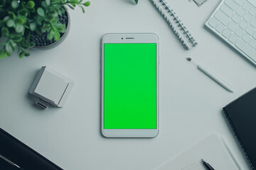 A white smartphone with a green screen is lying on a white desk with office supplies scattered around it