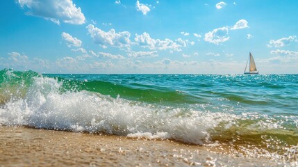 Wall Mural - scenic beach with gentle waves and a sailboat under a clear sky.