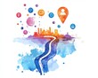© ธิดาพร สูญราช - Colorful watercolor cityscape with road and location icons.
