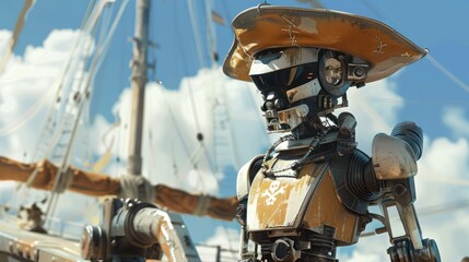 A robotic pirate with a weathered, yellow and black painted body stands on a ship deck looking forward with a wide, black hat.
