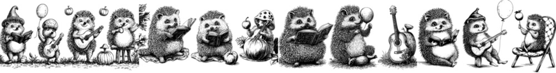 Wall Mural - Hedgehogs in forest autumn. Cartoon hedgehogs play with balloons, listen to music, and read books. Halloween animal with pumpkin, the modern setting for a Halloween decoration.