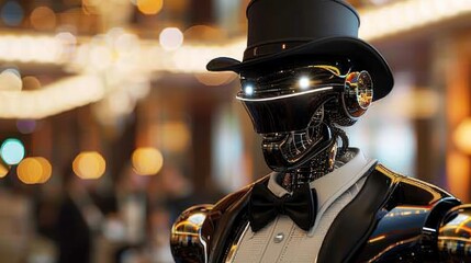 A futuristic robot dressed in a tuxedo and a top hat stands in a dimly lit room.
