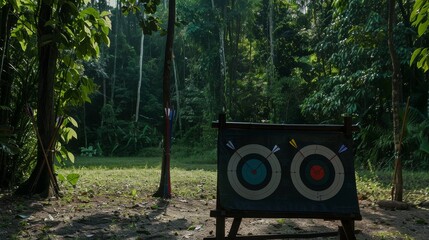 Poster - An archery range in a scenic forest clearing, Archery equipment set for precise shooting, Forest clearing archery style