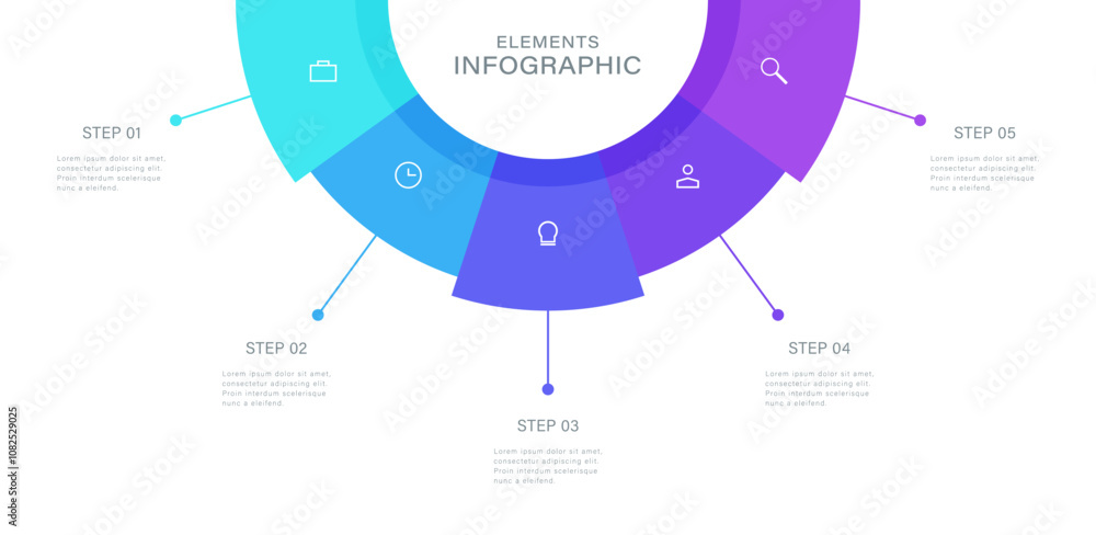 Semicircular pie chart. Concept of five features of startup project to ...