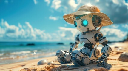 A white robot wearing a sun hat sits on a sandy beach with the ocean in the background.