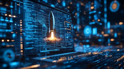A rocket ship launching from a laptop screen, representing digital growth and innovation.