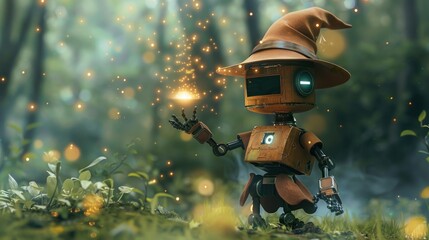 A small, rusty robot wearing a wizard hat and robe casts a spell in a magical forest, surrounded by glowing particles.