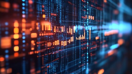 Abstract digital background with glowing binary code and data stream in orange and blue color.