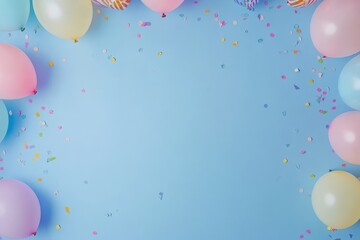 Birthday Party Scene with Balloons and Confetti on a Blue Background