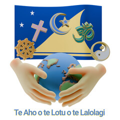 Wall Mural - Harmonized 3D renders of World Religion Day Written in Tokelau Language and Flags