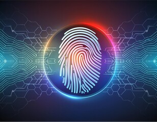 Colorful image of a fingerprint with a blue and red background. The fingerprint is in the center of the image and he is a digital representation. The background is filled with various shapes