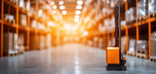 Aufkleber - Supply chain security risks concept. A robotic arm stands in an industrial warehouse aisle, surrounded by shelves filled with packages, highlighting automation and modern logistics.