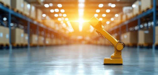 Aufkleber - Supply chain security risks concept. A robotic arm stands in a spacious warehouse, illuminated by warm sunlight, showcasing advanced automation in a modern industrial setting.
