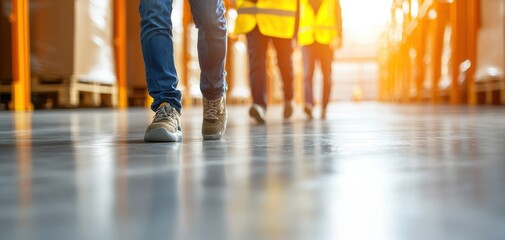 Poster - Supply chain security risks concept. Workers in safety gear walk through a warehouse, highlighting industrial labor, teamwork, and a focus on safety in an organized environment.