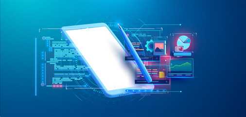 Wall Mural - web design tablet. digital tablet with pen and data analysis dashboard, representing modern technolo