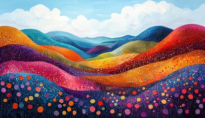 Wall Mural - A colorful landscape of rolling hills, with whimsical patterns and dots. The sky is a clear blue with fluffy clouds. Sunlight illuminates the vibrant colors 