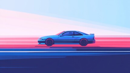 Poster - Blue car on red road