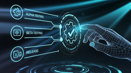 Futuristic Interface of Software Development Lifecycle with Testing Phases, software development, alpha testing, beta testing, release phase, software lifecycle.