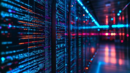 Android debugging software analyzing data lines in a high-tech server room at night