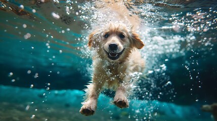 Canvas Print - A joyful dog swimming underwater, showcasing playful energy and vibrant aquatic surroundings.