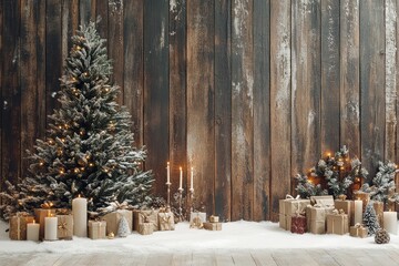 Wall Mural - Wooden Wall Christmas Scene with Snow, Tree, Candles, and Gift Boxes. New Year Celebration Decor.