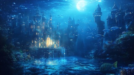 Wall Mural - Magical Underwater Palace Aglow in Moonlight with Graceful Mermaids and Shimmering Marine Life