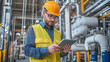 © Oleksandr - Factory engineer in a hard hat and safety vest using a tablet for inspection, exemplifying modern industrial practices and digital transformation in manufacturing