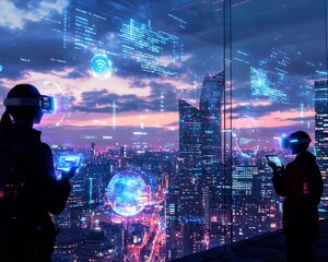 Wall Mural - futuristic city skyline with holographic messages and augmented reality communication
