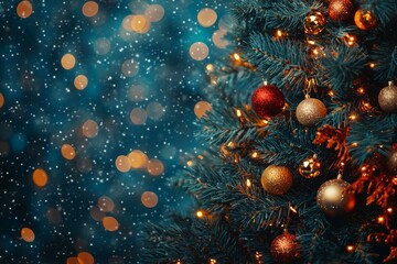 Wall Mural - Colorful Christmas tree decorations with bokeh lights on a blue background, wide format, with space for text.