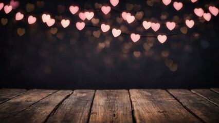 Wall Mural - Rustic dark wood board table surface mockup background with heart shape pink bokeh lights 