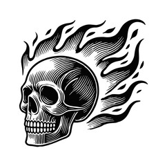 Wall Mural - skull fire flame engraving black and white outline