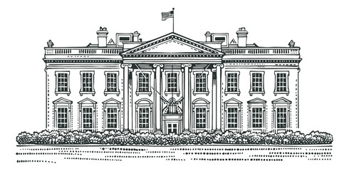 Wall Mural - white house engraving black and white outline