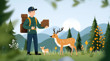 Wall Mural - Ranger monitors deer population to protect forest wildlife