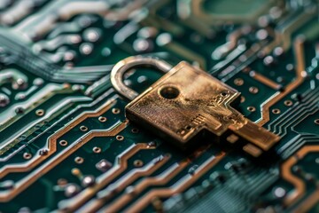 Wall Mural - Brass padlock is lying on a circuit board, representing the concept of digital security