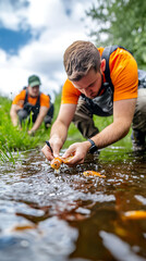 Wall Mural - Team monitors fish in river to support aquatic conservation efforts