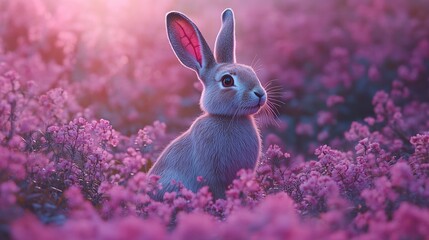 Wall Mural - Bunny in a Field of Pink Flowers