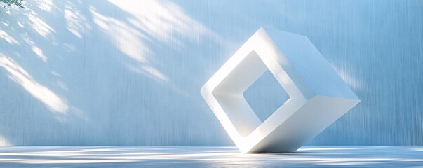Poster - White abstract cubic shape leaning against blue wall with light and shadows