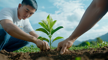 Wall Mural - Volunteers plant young trees to combat deforestation and promote nature conservation